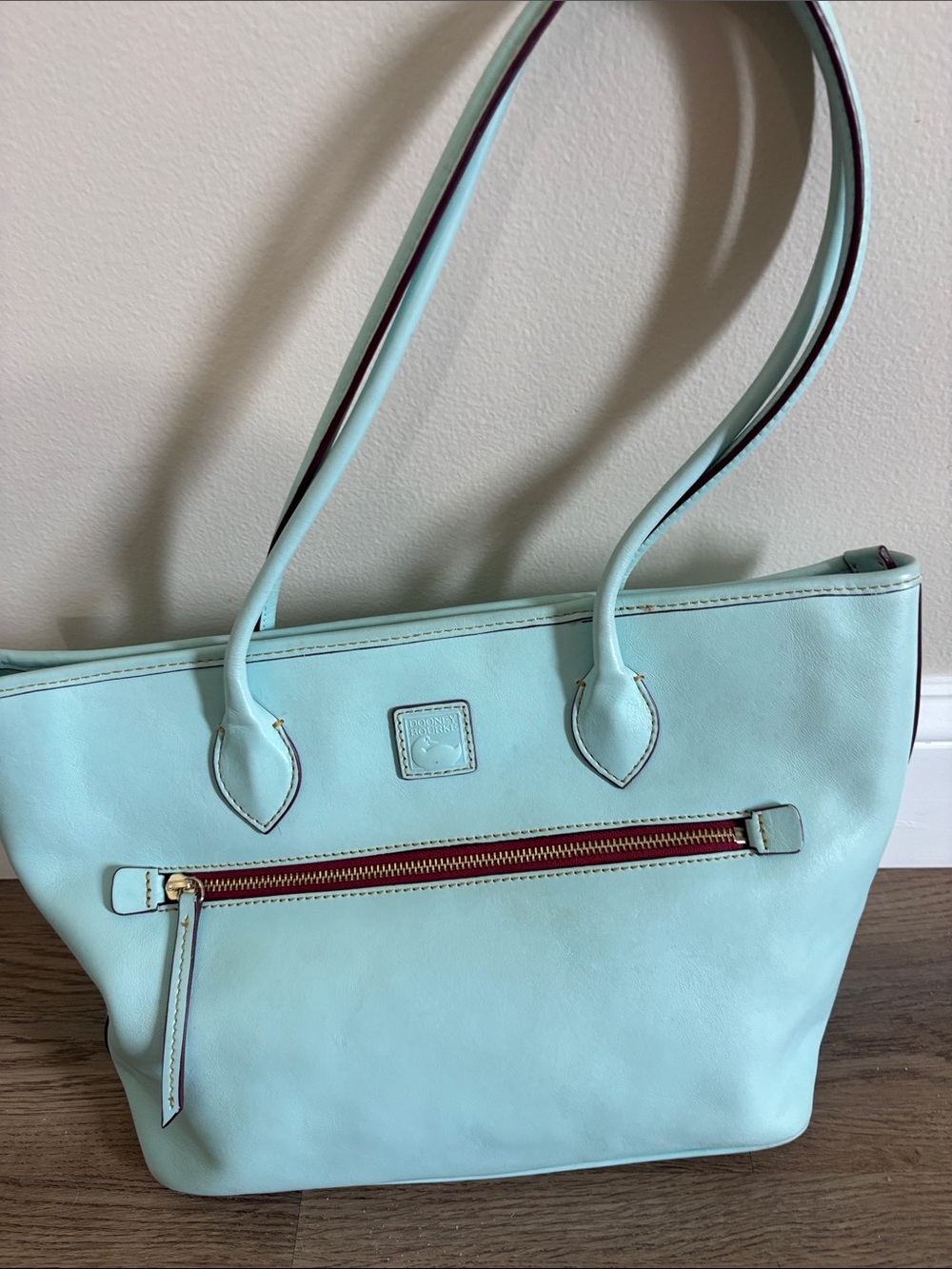 Dooney & Bourke Mint Leather Shoulder Tote with Red Zip Accent